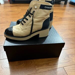 CHANEL Women's Lace-Up Black and Cream Boots